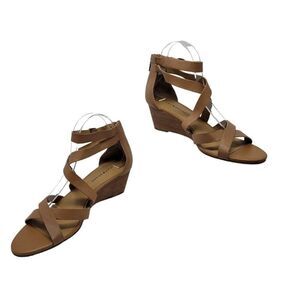 Lucky Brand Jinela Leather Strappy Wedge Sandals 11 Tan Wood Stacked Ankle Strap